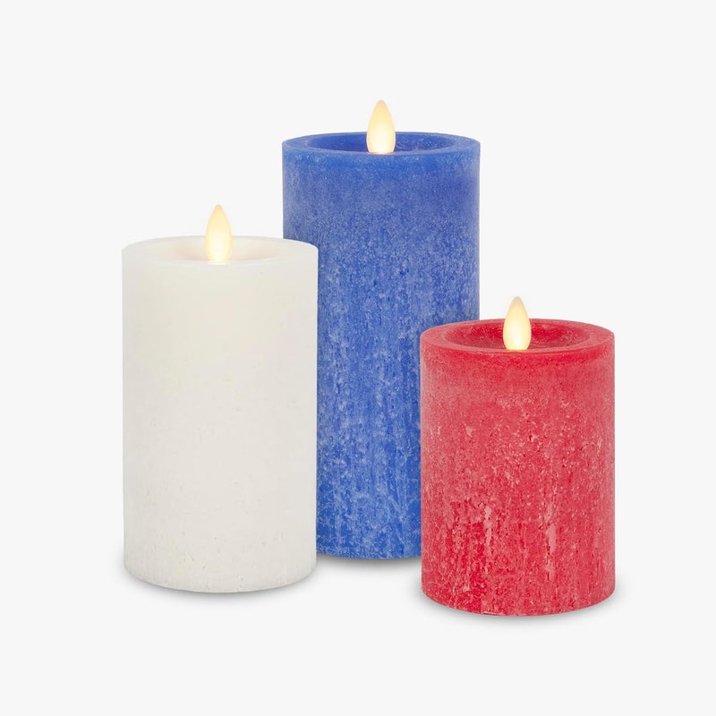 LUMINARA Red White & Blue Americana Pillar Trio - Set of 3 Flickering Flameless Wax Candles - Battery Operated LED Real Flame Illumination for Patriotic Holiday Decor - Timer - Remote Sold Separately - Image 1